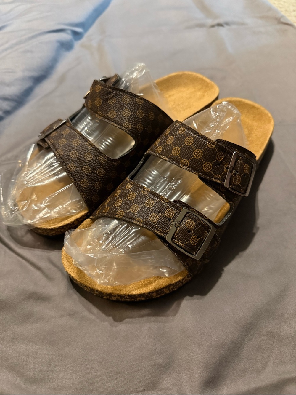 NWOT, Size 9.5 Fashion Pattern Double Strap Slide Sandals - Brown